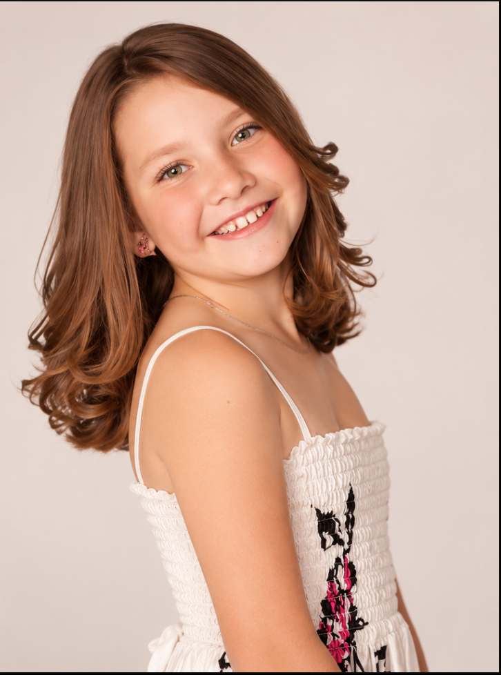 Smiling young girl with brown hair wearing a white floral sundress poses for a portrait photo.