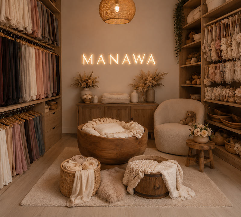 Cozy boutique nursery store MANAWA with warm wood shelving, neutral fabrics, woven baskets, and a plush round baby pod.