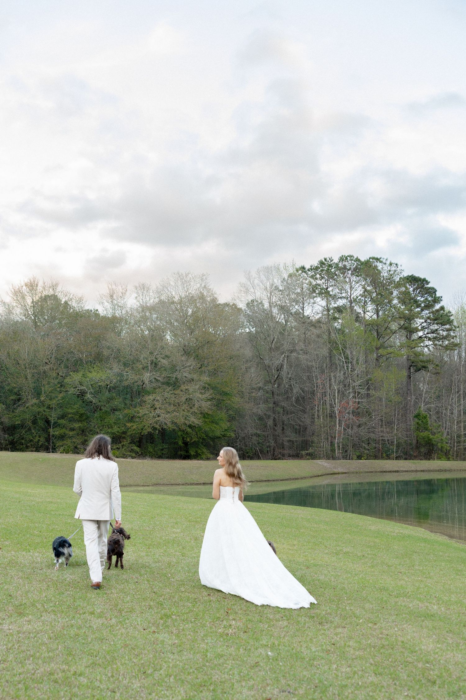 Newlyweds strolling with two dogs near a reflective pond at an outdoor wedding venue.