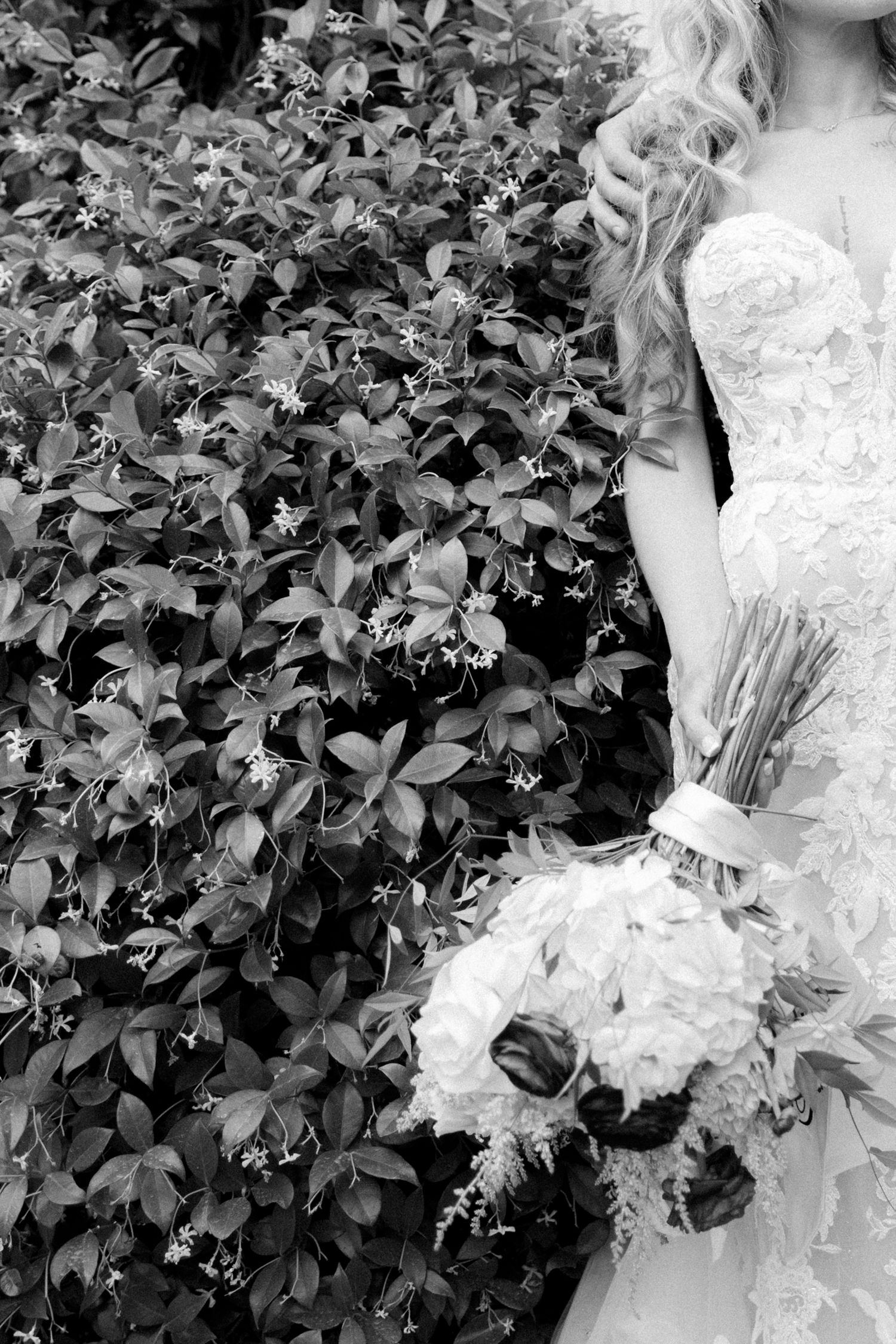 Black and white photo of bride in lace gown holding bouquet beside lush flowering garden wall.