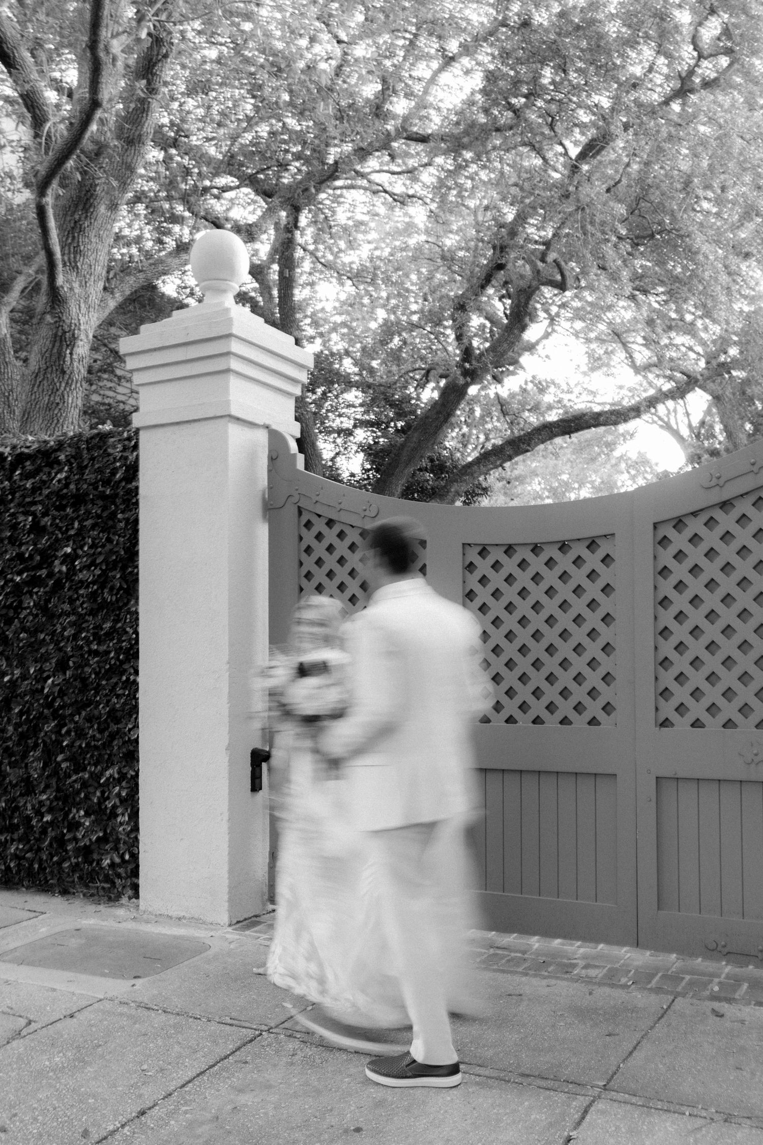 Artistic blurred black and white photo of bride and groom walking past ornate garden gate beneath large oak trees.