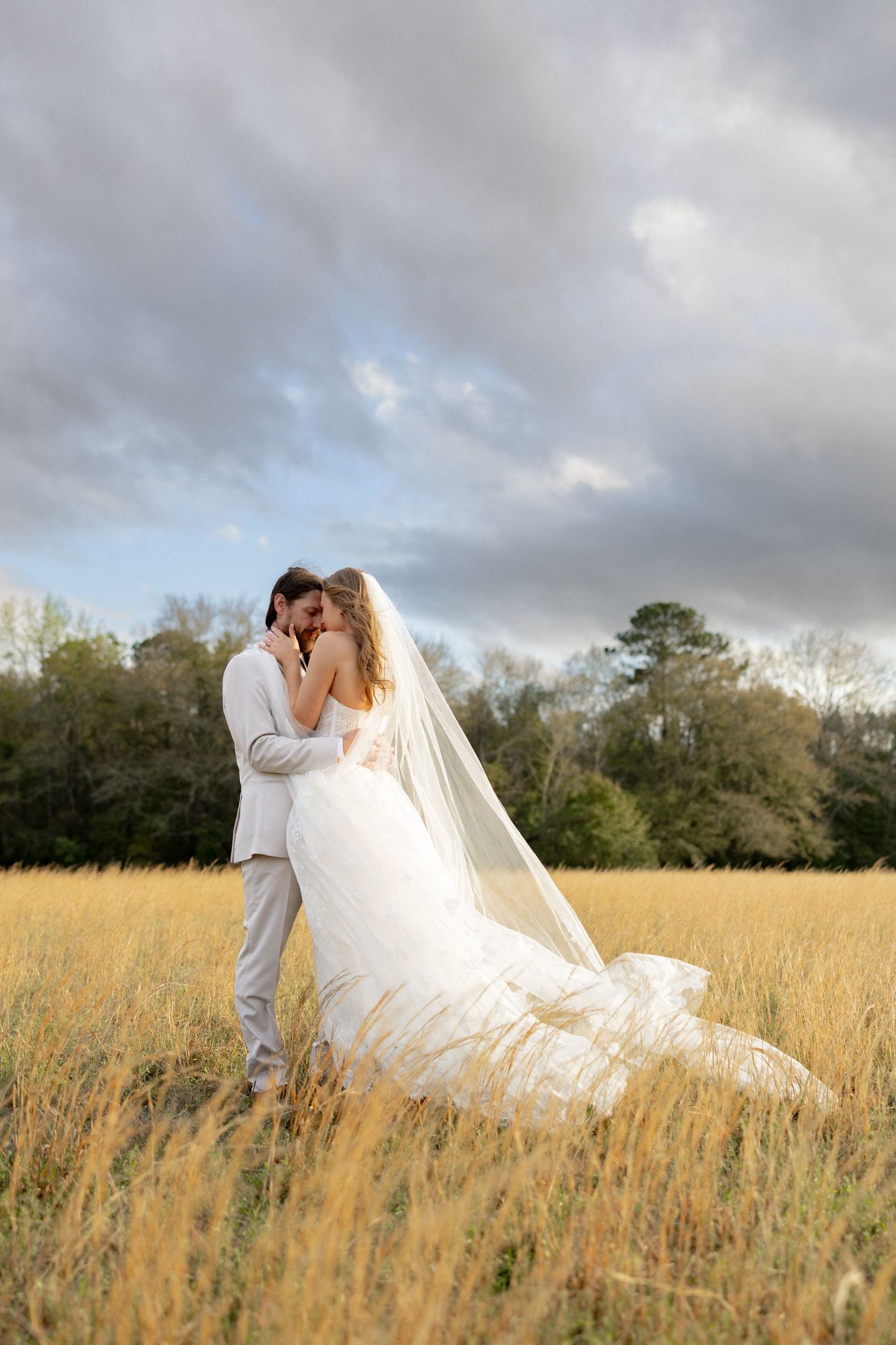 Bride and groom share a kiss in golden meadow, long veil flowing in wind.