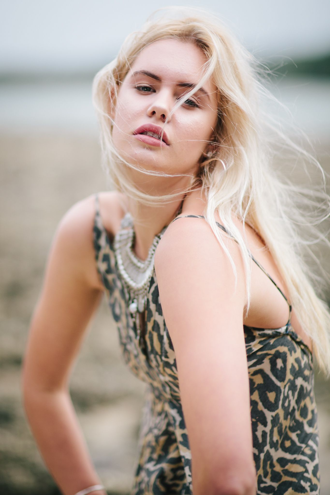 Fashion portrait series in animal print dress with wind-swept hair.