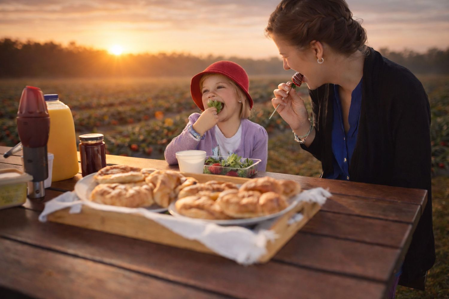 Family enjoying a picnic dinner with pizza at a wooden table during sunset in a scenic outdoor setting.