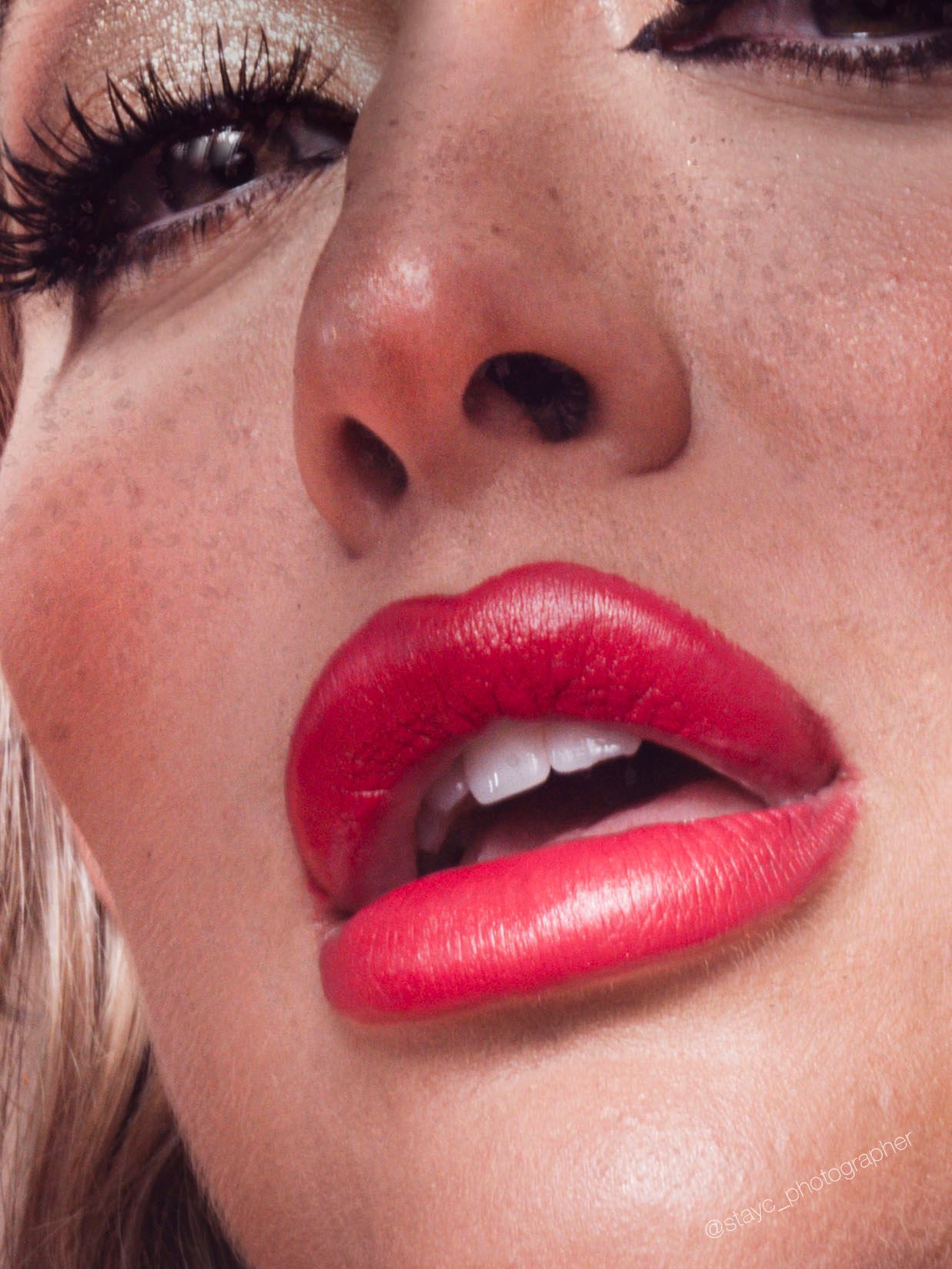Close-up beauty shots showing vibrant red lipstick and glossy finish in different angles.