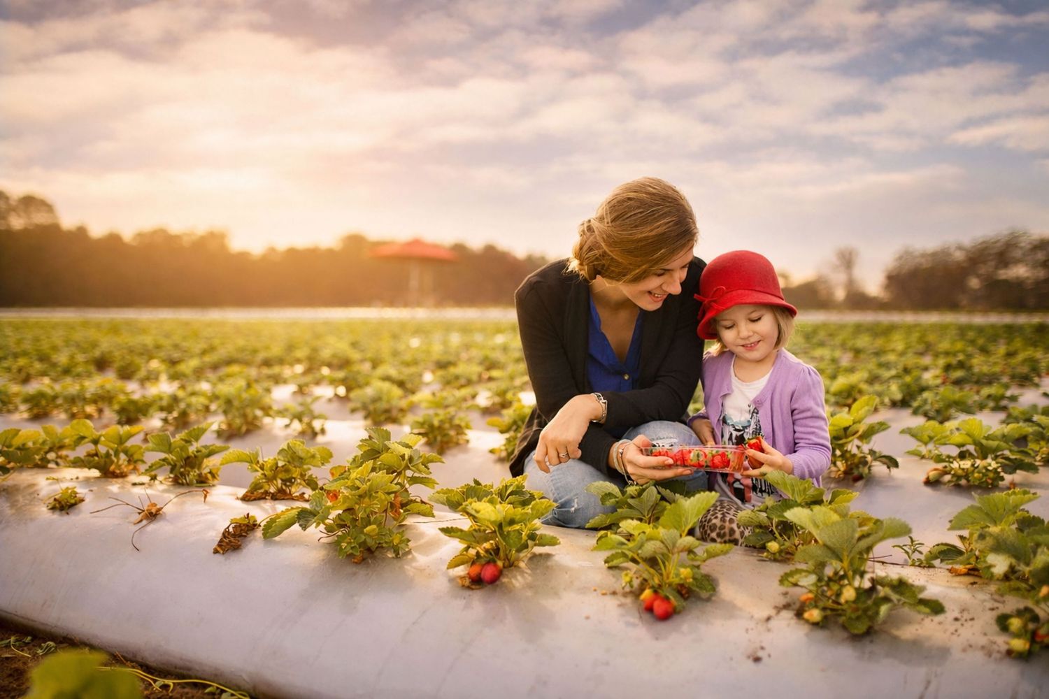 A strawberry field at sunset with people picking fresh berries among lush green plants.