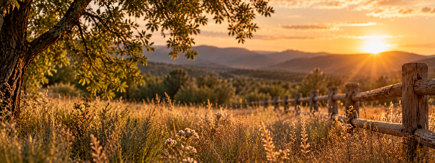 Golden sunset over a peaceful Colorado meadow with a rustic wooden fence, autumn trees, and distant rolling mountains.