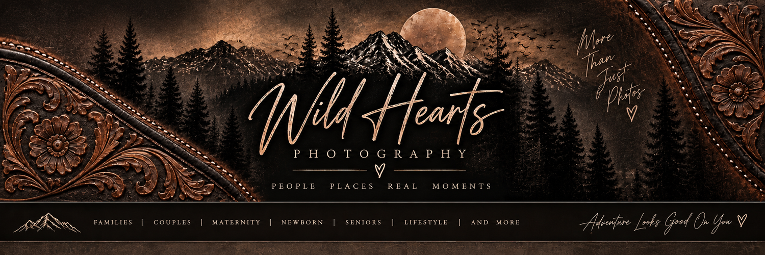 Wild Hearts Photography logo featuring rustic western leather tooling, copper accents, pine trees, and a dark mountain landscape.