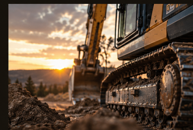 Commercial photography of heavy construction equipment and an excavator at a rugged job site during a golden sunset.