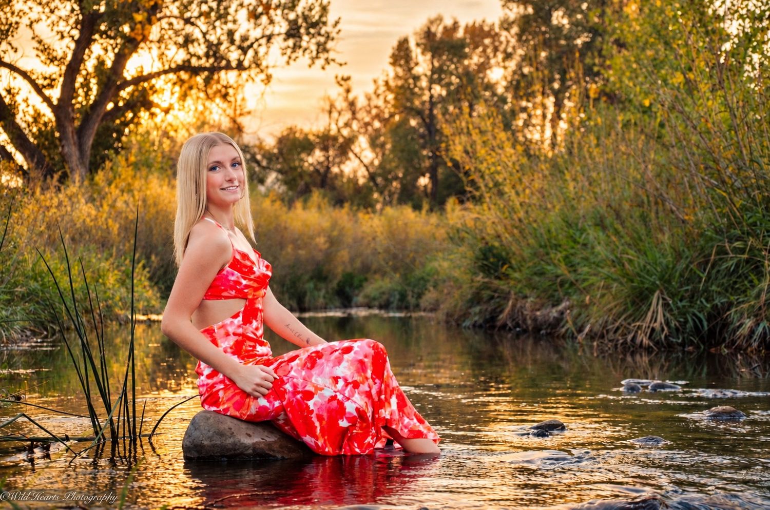 High school senior wearing a flowing red floral dress while sitting in a shallow creek surrounded by golden autumn trees.