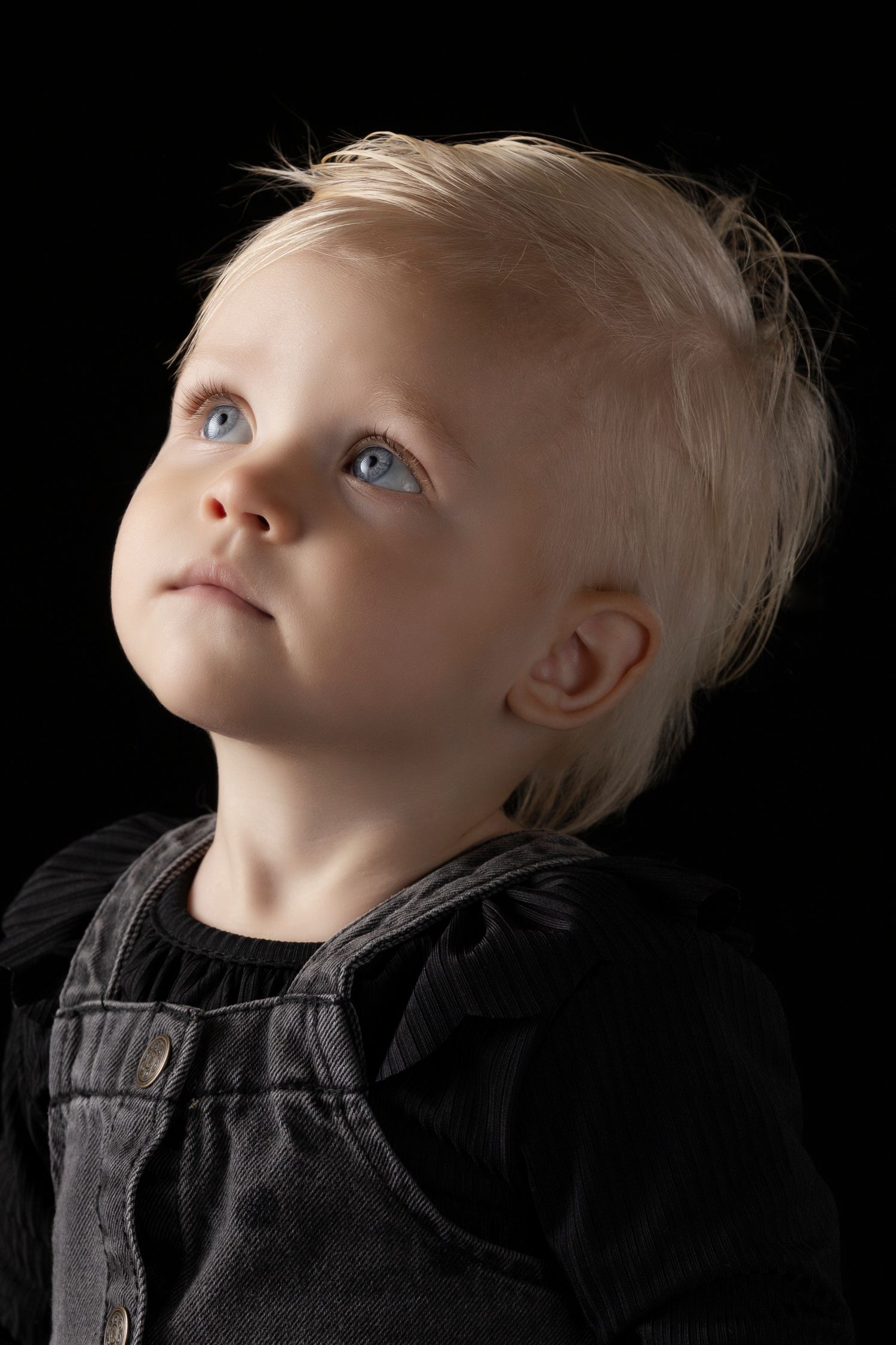 A sequence of profile views showing a child with light hair looking upward against a dark background.