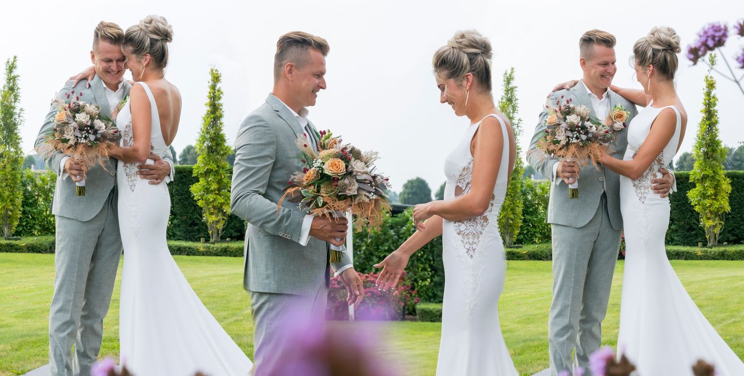 Wedding party in sage green and white attire poses together on a lush green lawn during outdoor ceremony.