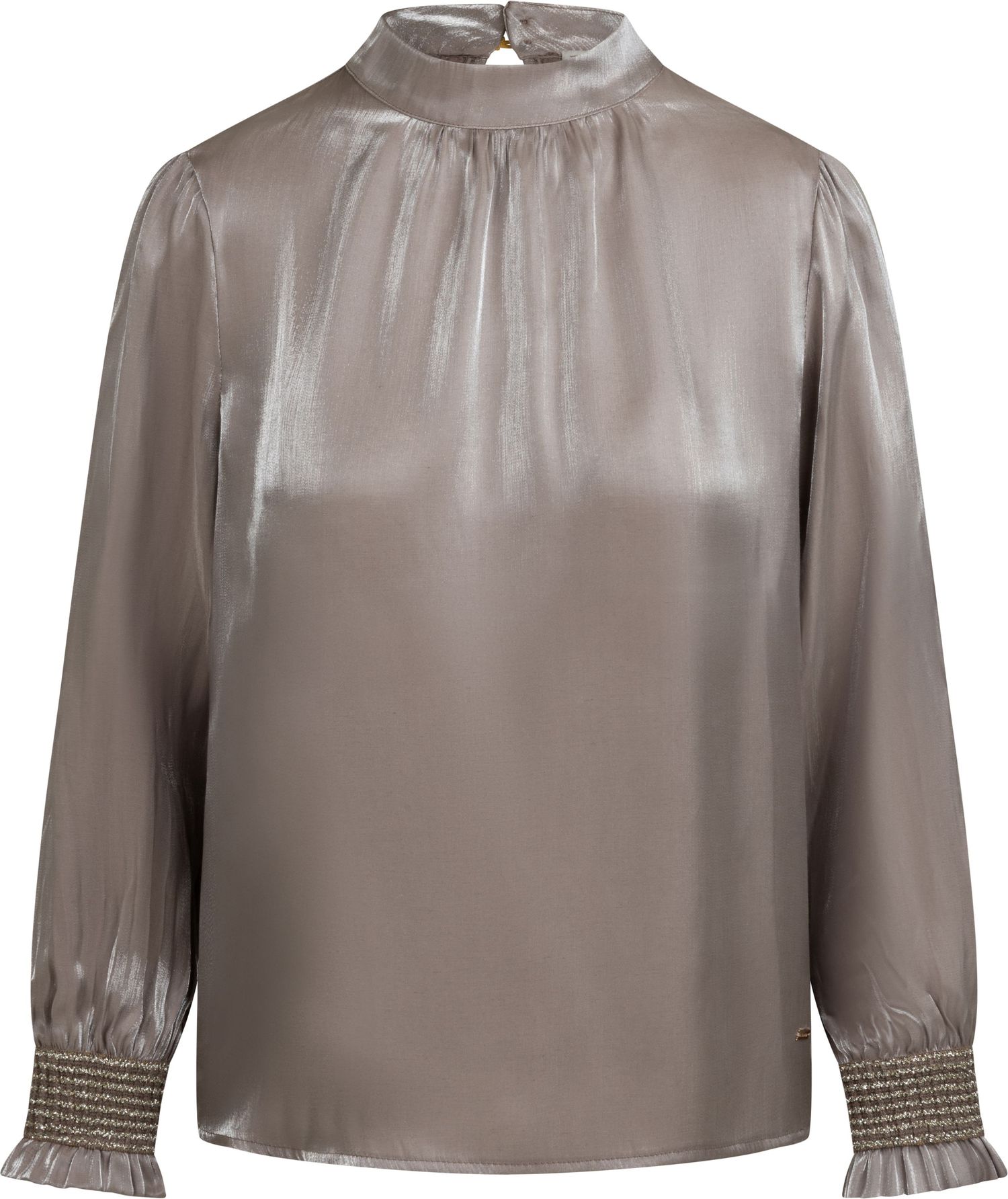 Elegant taupe satin blouse with high neckline, long sleeves, and smocked cuffs in a luxurious shimmering fabric.