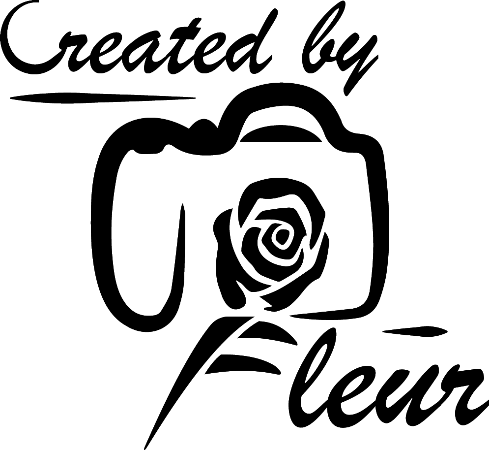 Minimalist black camera logo design with rose and text 'Created by Fleur'.