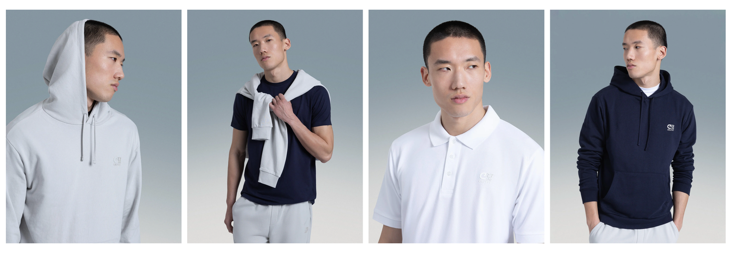 Four casual fashion portraits showing different outfits including white polo, navy sweater and zip-up jacket against grey background.