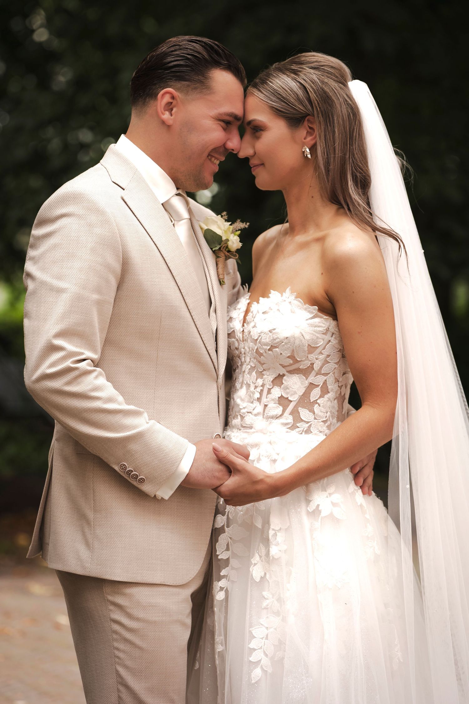 A romantic wedding photo series showing a couple in beige and white attire sharing intimate moments outdoors.