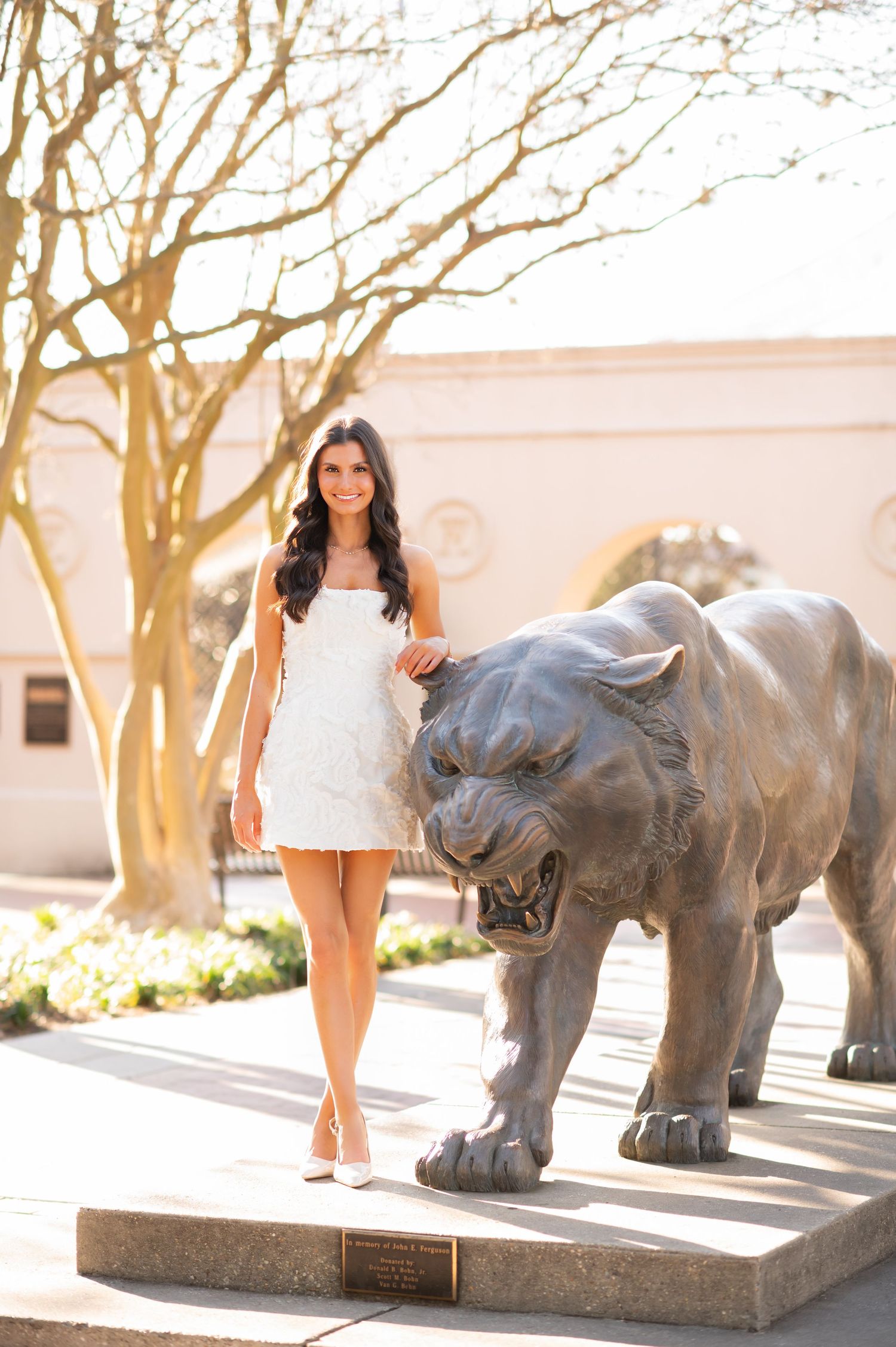 LSU graduate in white dress poses beside bronze tiger statue on campus.