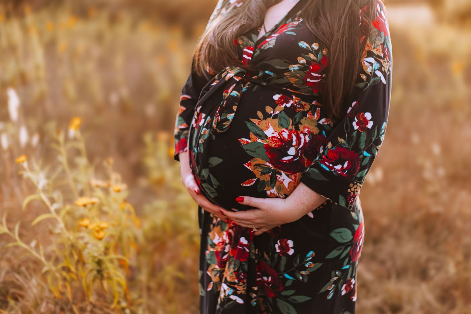 Close up view of hands cradling a pregnant belly in a dark floral dress against a warm golden field backdrop.