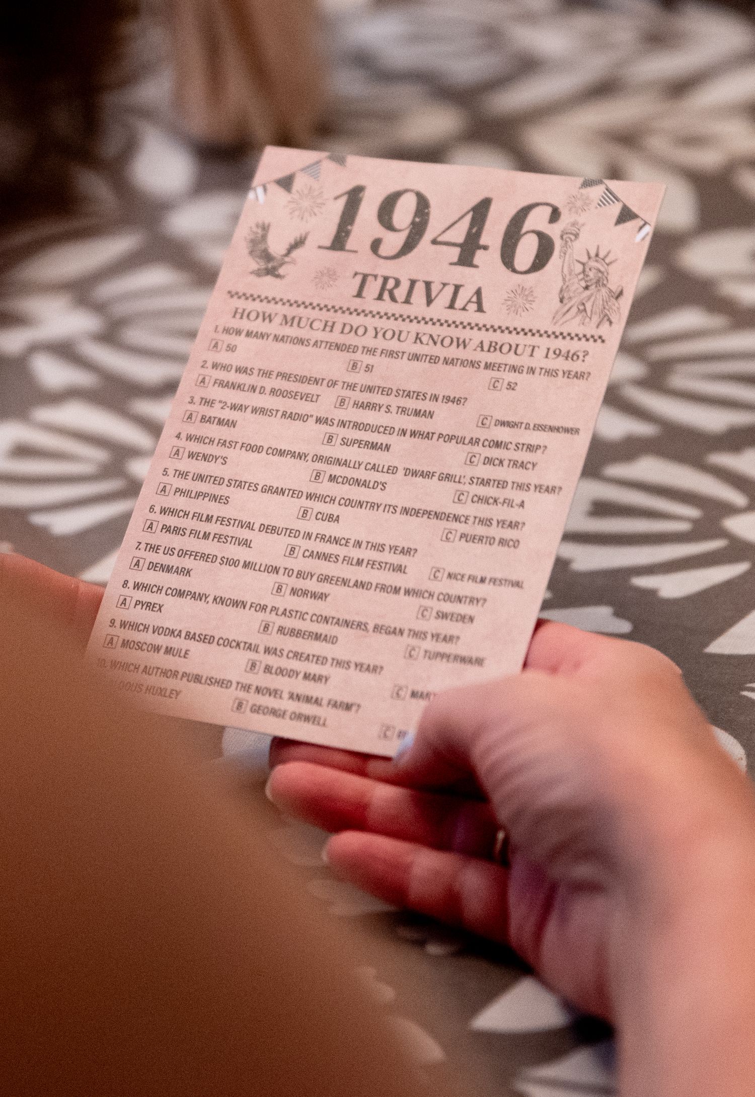 Photo of 1946 Trivia Card. Photo by Elijah Grace Photo.