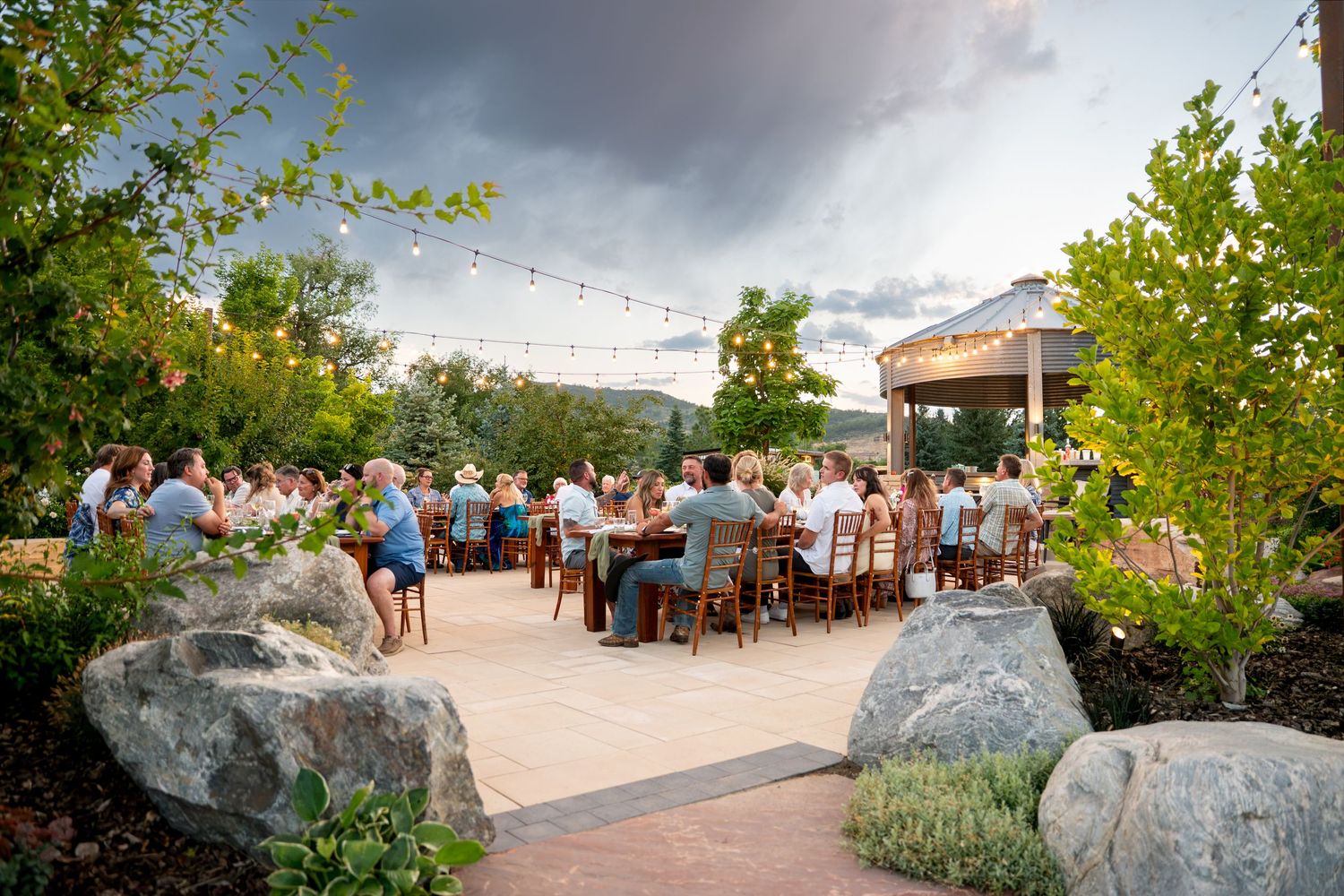Event at sunset at Lazy Stud Ranch in Lyons, CO.