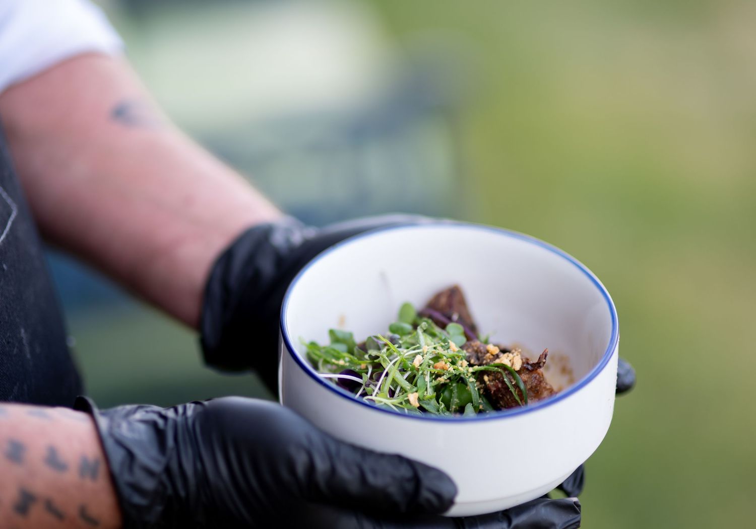 food in a bowl with a green background