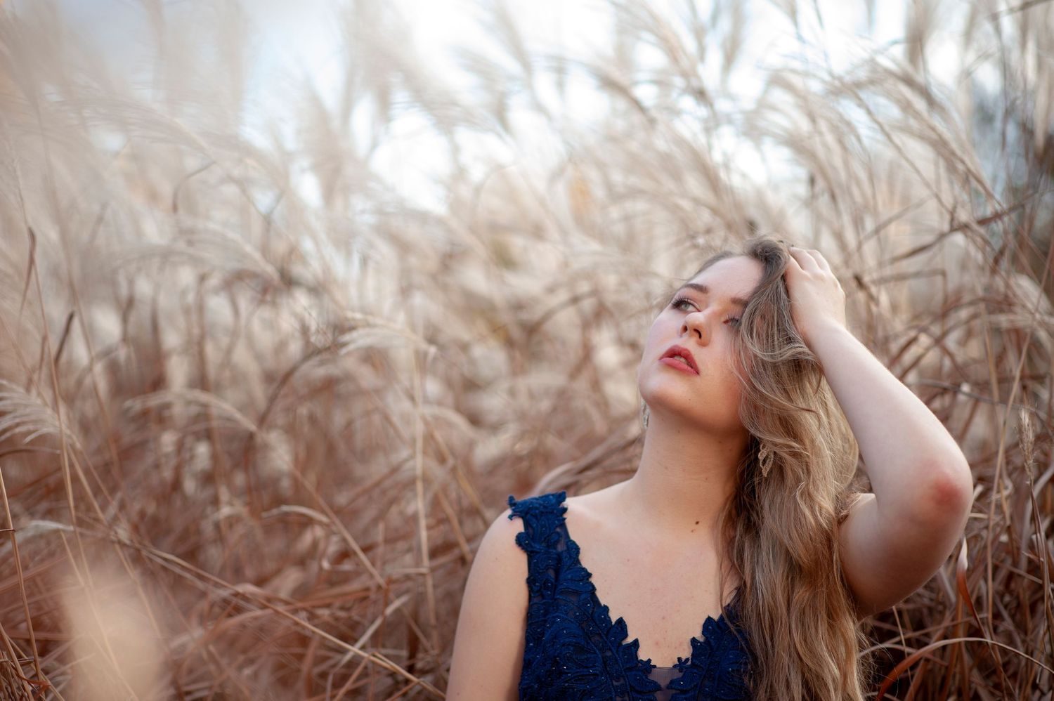 Dreamy portrait of someone in a navy dress amid tall wheat field.