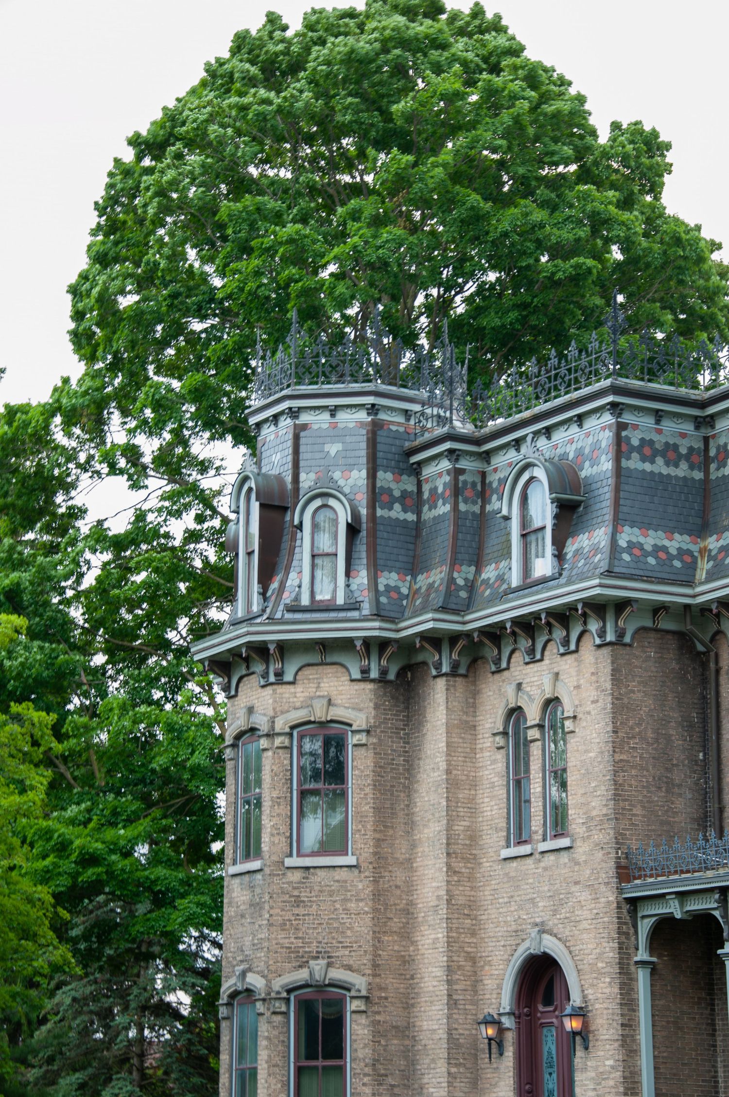 Victorian mansion with ornate tower and detailed architectural features framed by green trees.