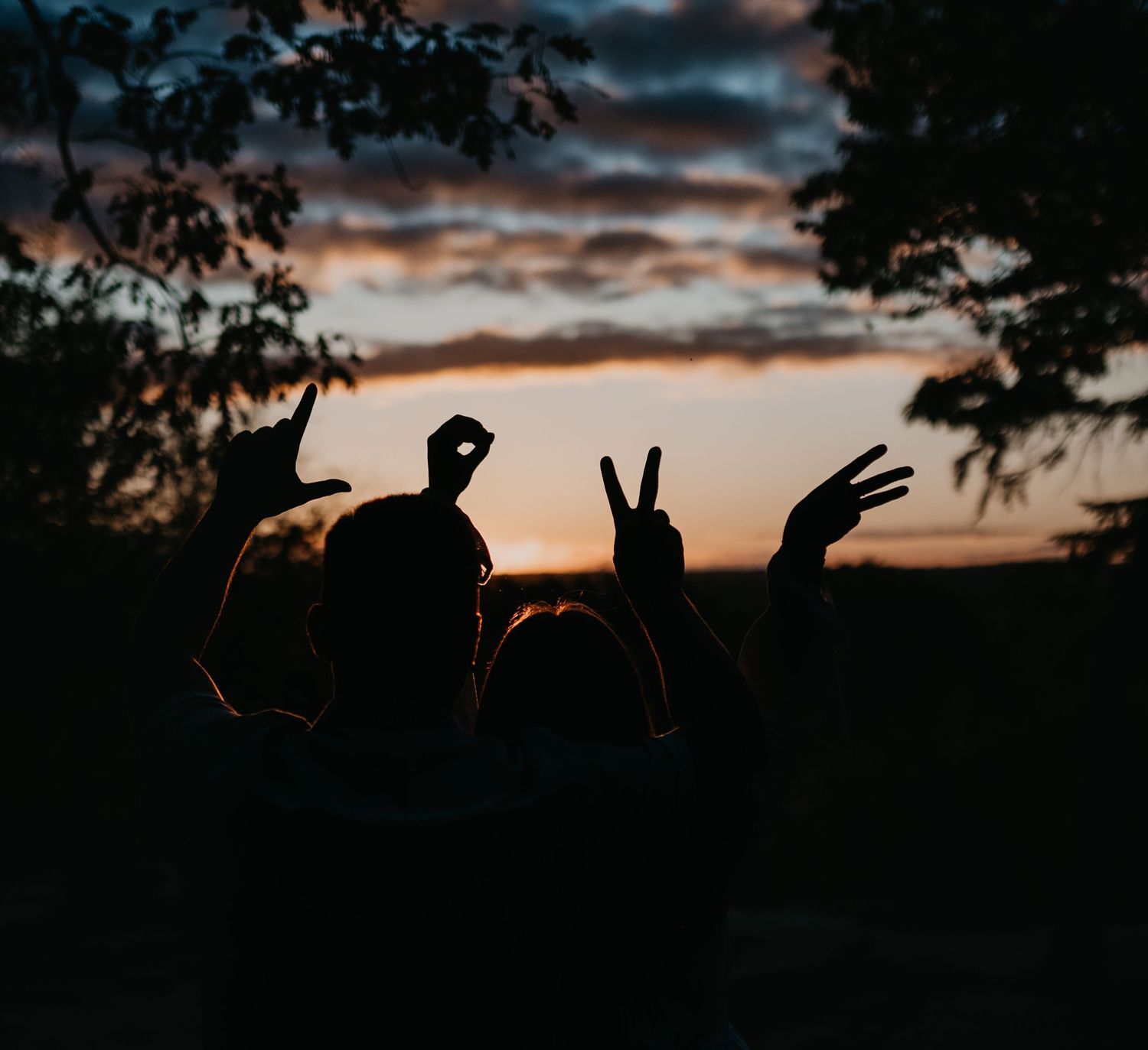 Silhouettes of people making hand gestures against a dramatic sunset sky with tree branches framing the scene.