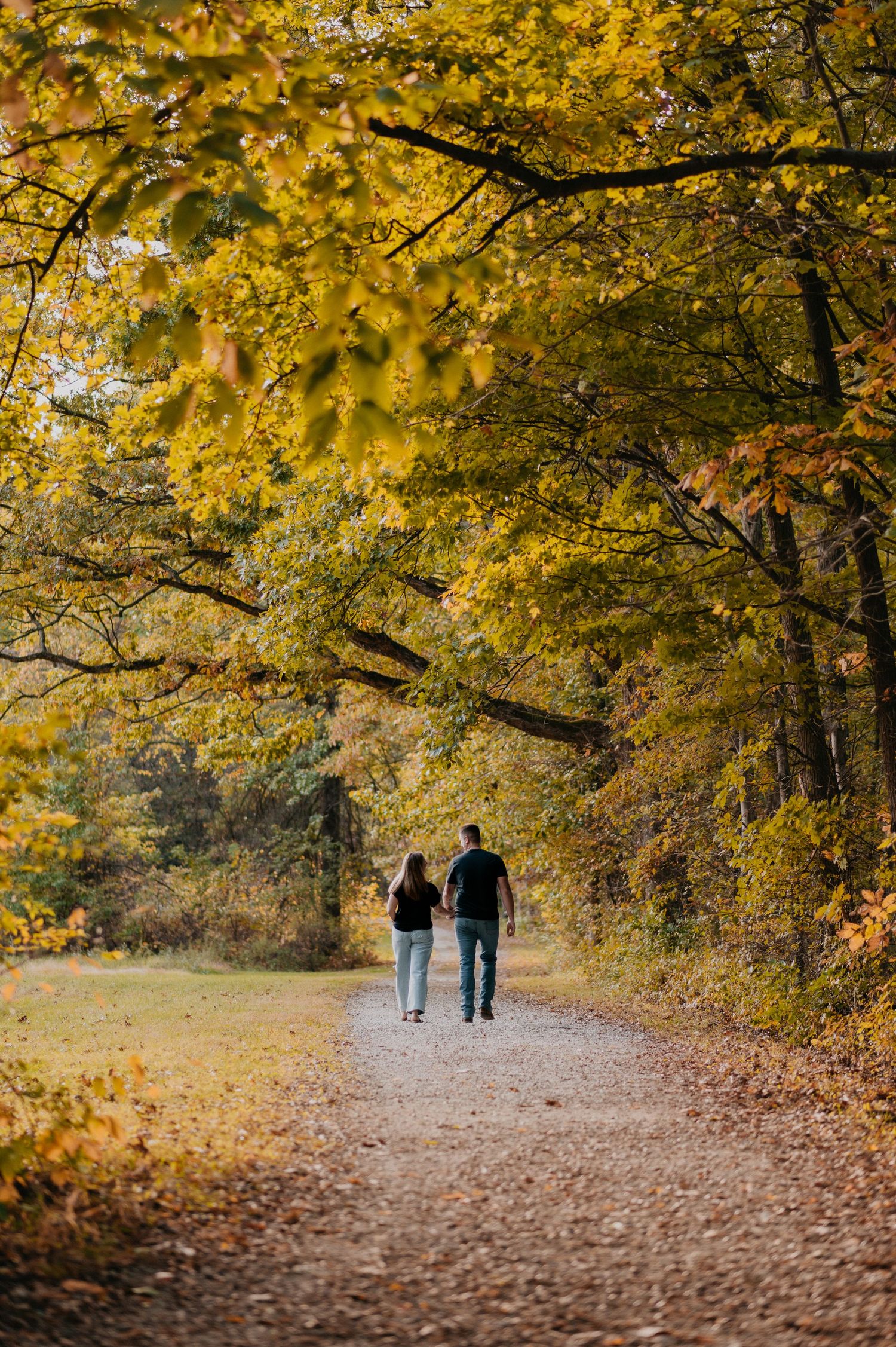 A leaf-covered path through golden autumn trees with people walking in the distance.