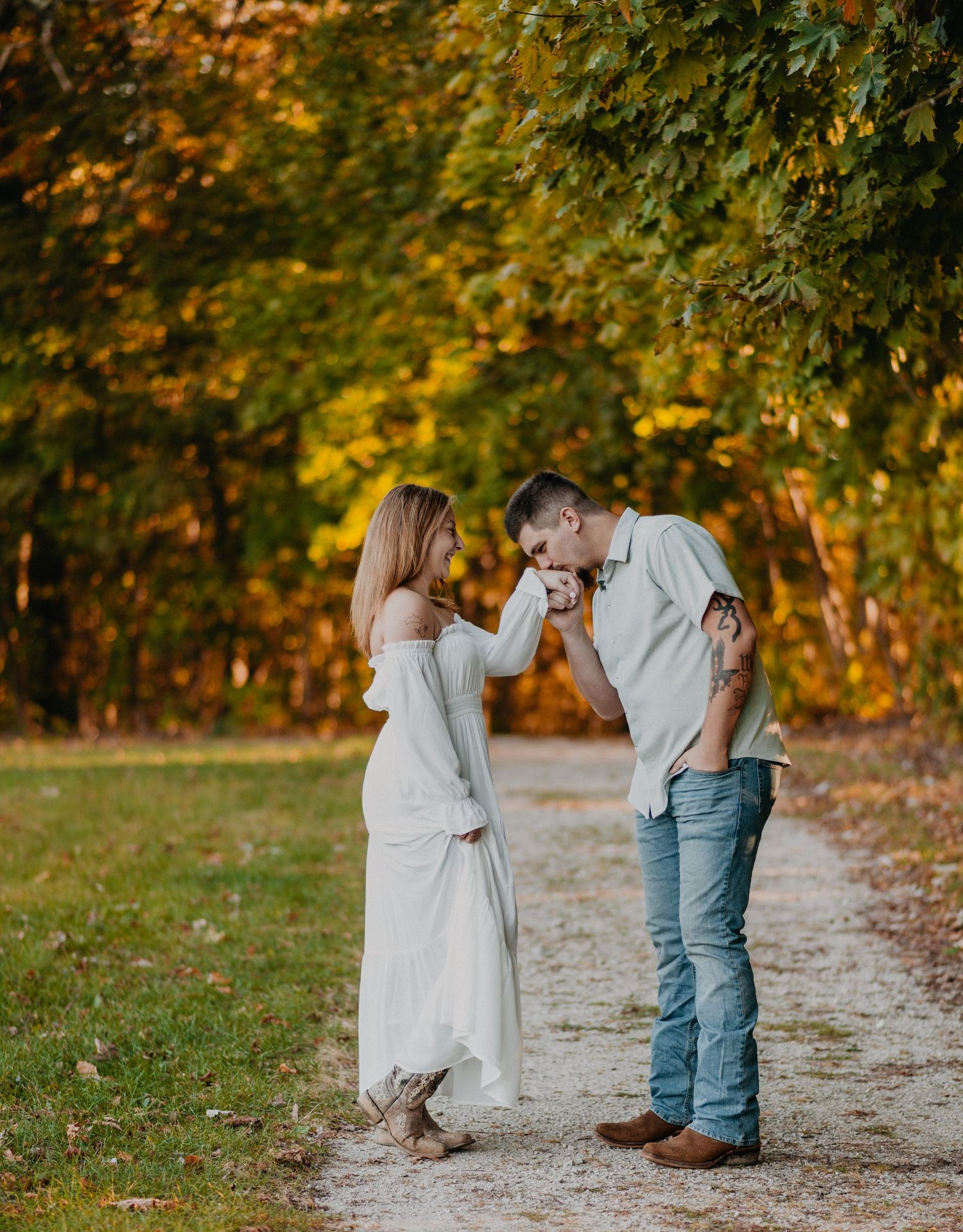 A sequence of playful interactions on a nature path during autumn with golden foliage in the background.