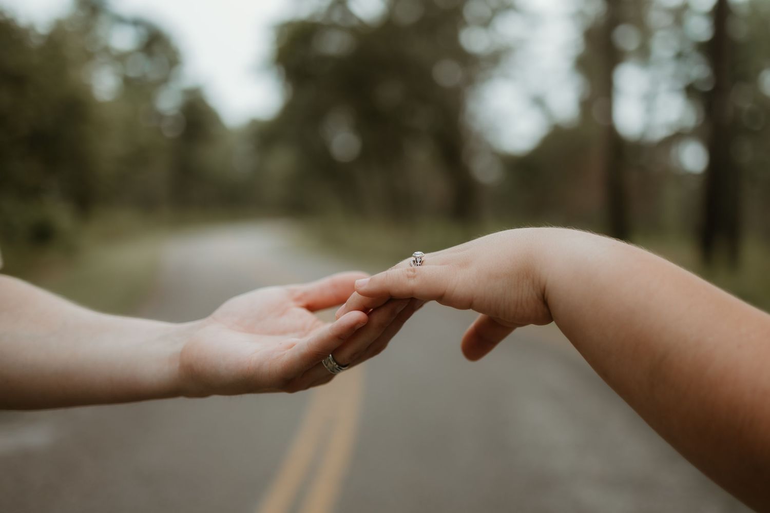 Two hands reaching towards each other on a blurry forest road in soft natural lighting.