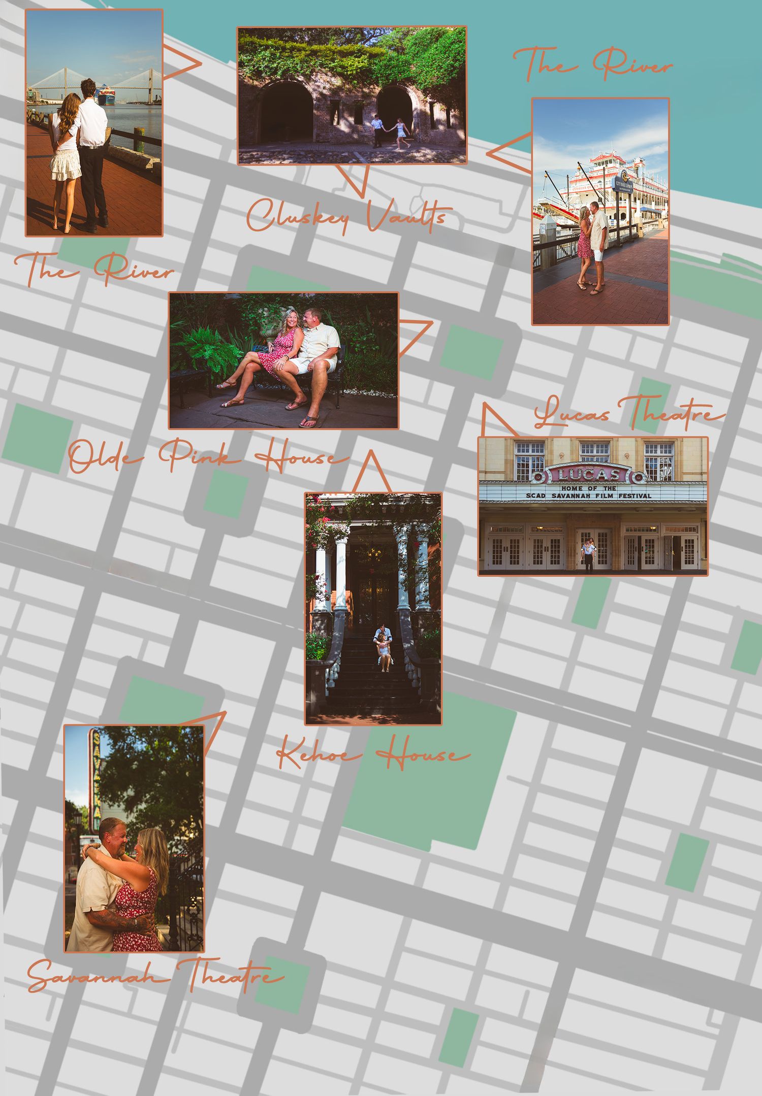 A map of north Savannah featuring photos at the river, Savannah Theatre, The Lucas Theatre, The Kehoe House, Cluskey Vaults