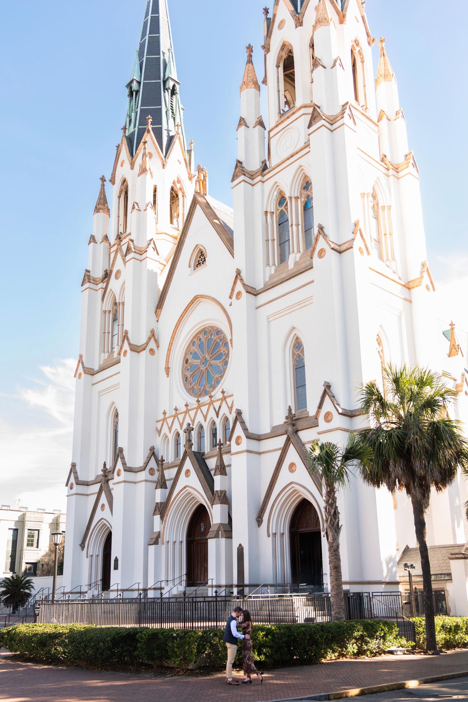 Romantic couples photography photo session Lafayette Square, St. John the Baptist Cathedral Savannah Georgia