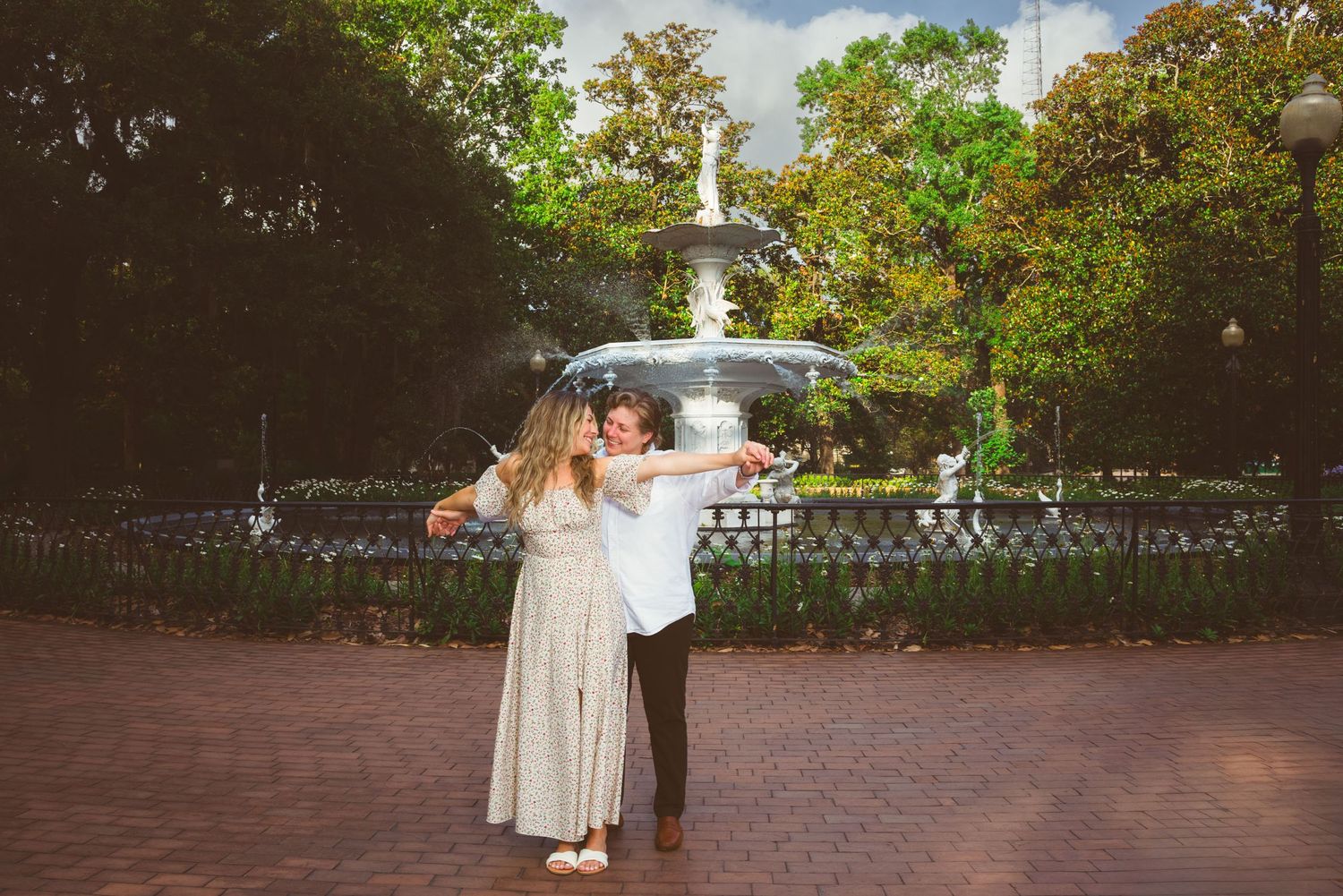 Romantic couples photography photo session walking tour Forsyth Park Forsyth Park Fountain Savannah Georgia