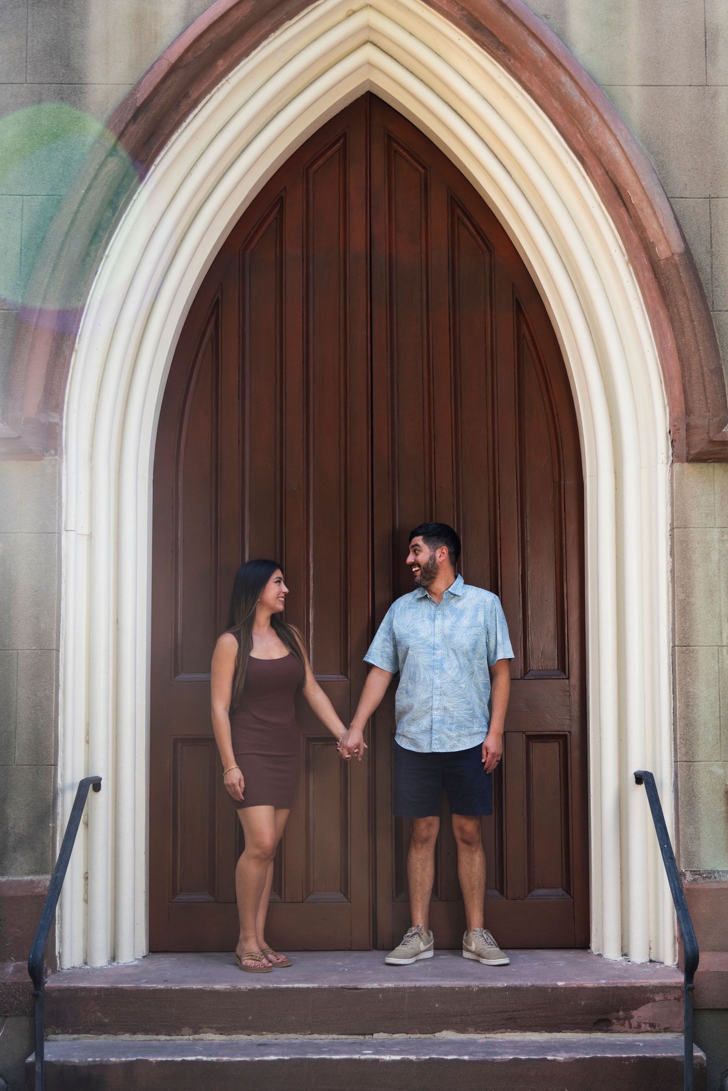 Romantic couples photography photo session with downtown walking tour at St John's Episcopal Church, Savannah Georgia