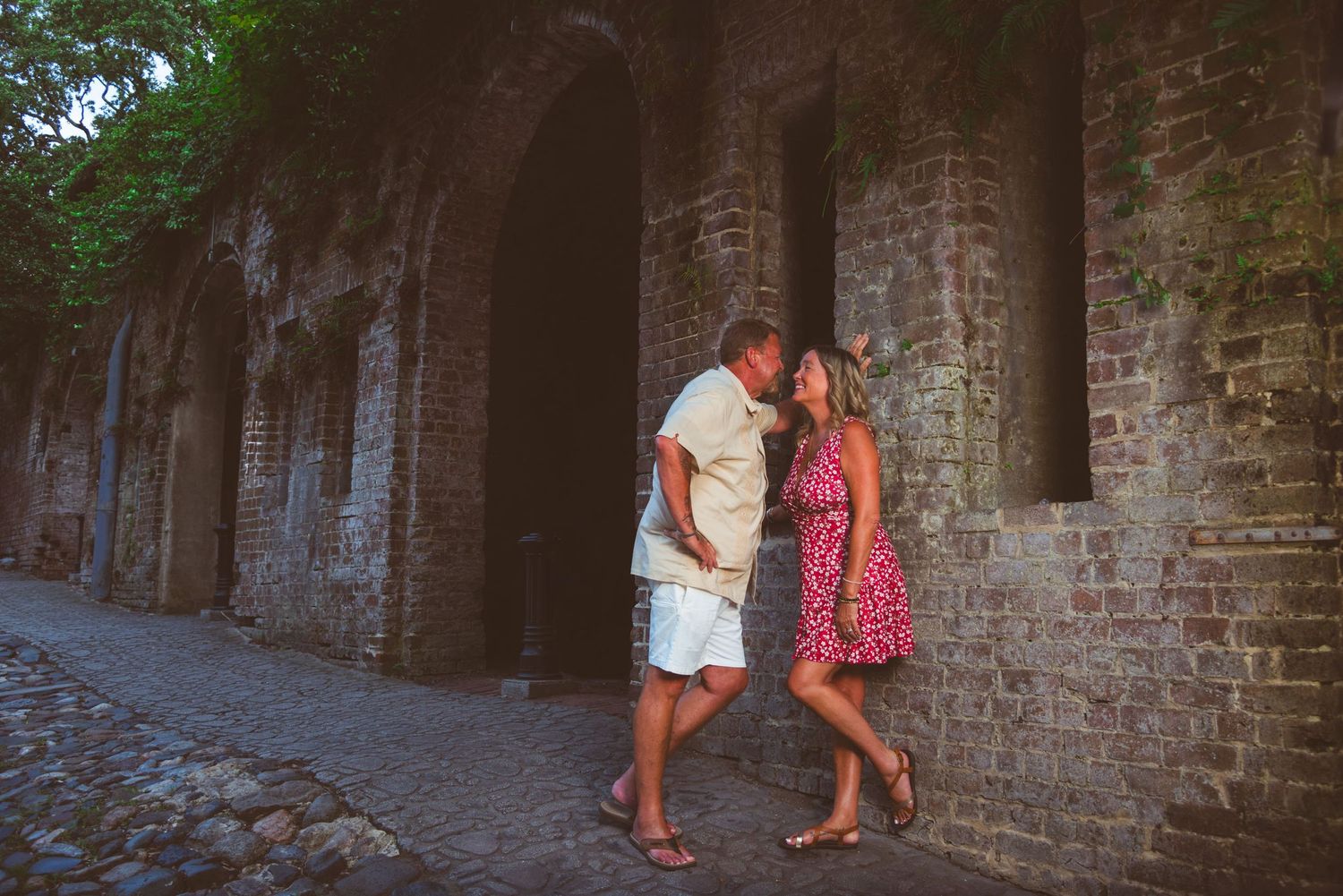Romantic couples photography photo session  tour with downtown walking tour at Cluskey Vaults River Street, Savannah Georgia