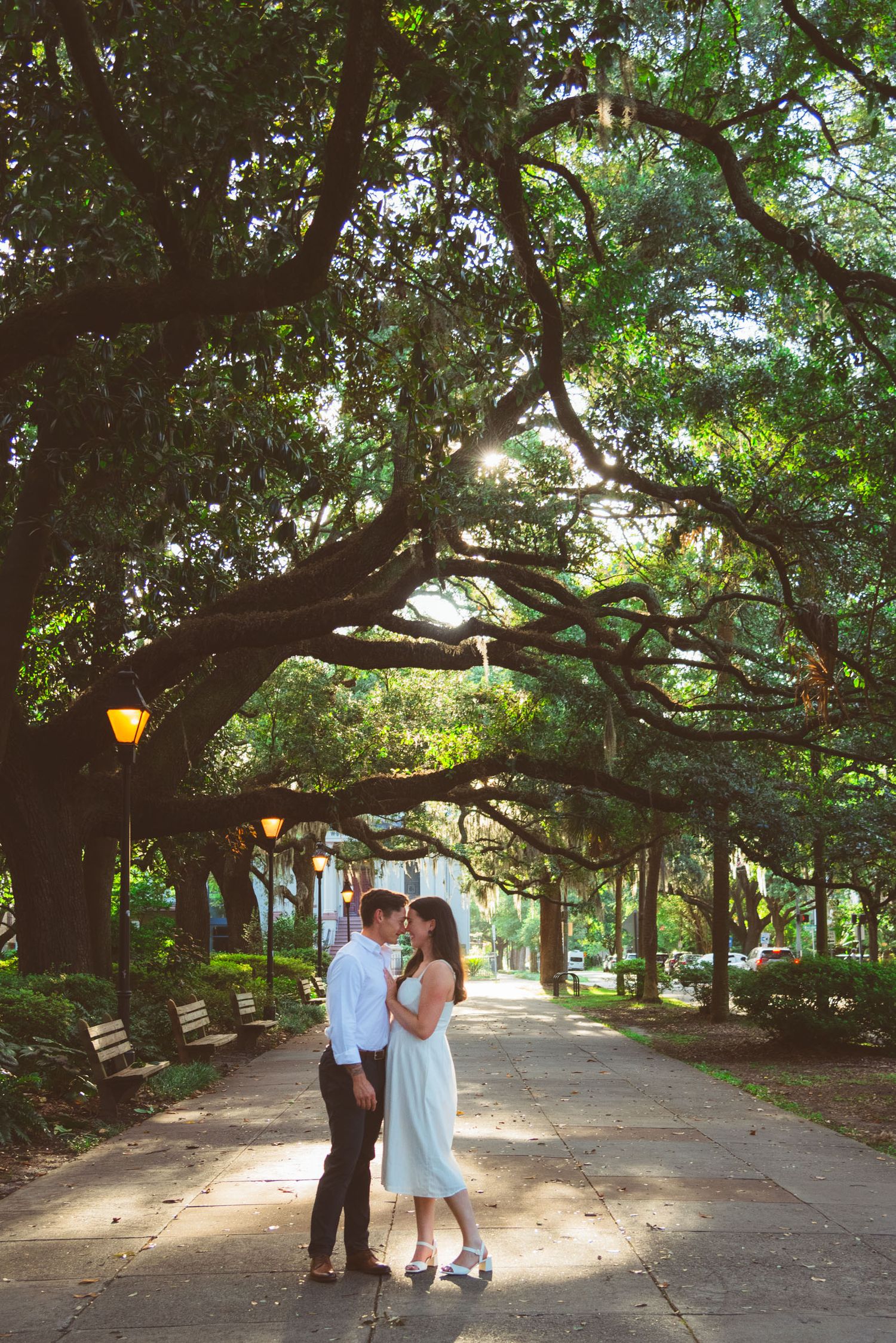 Romantic couples photography photo session walking tour Forsyth Park Savannah Georgia