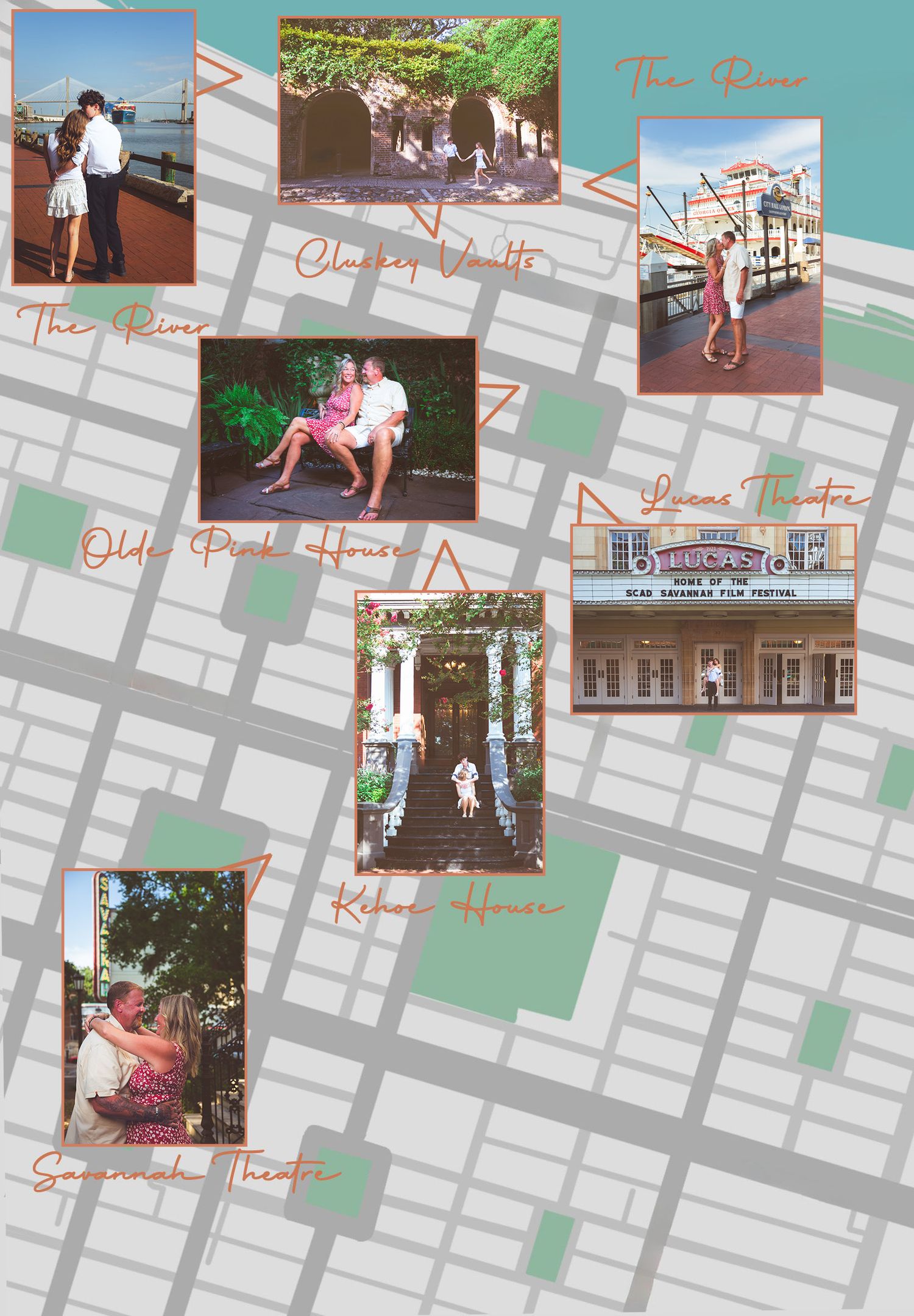 A romantic couple engagement photo map of Savannah Georgia featuring historic locations including the river Kehoe House and Lucas Theatre.