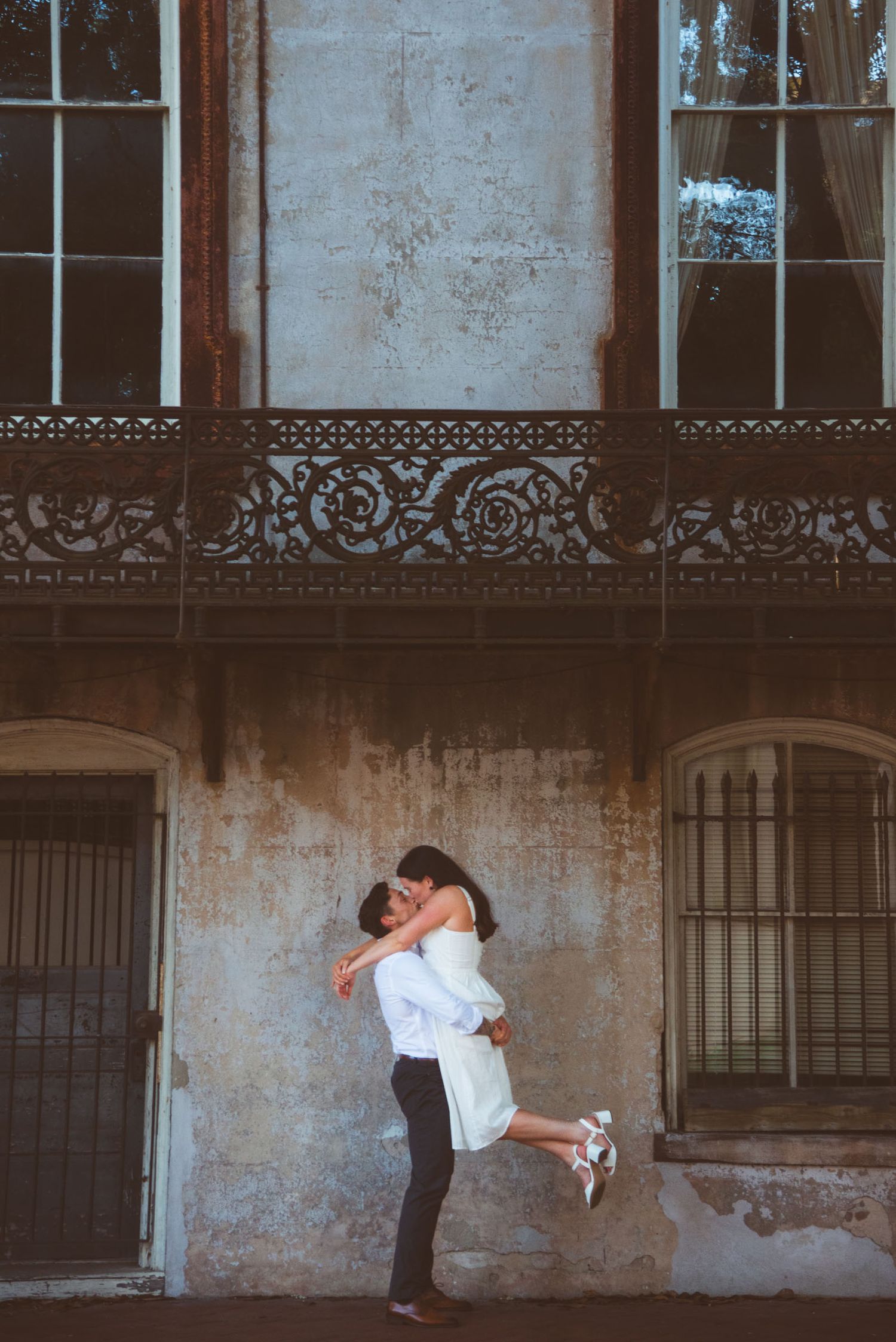 Romantic couples photography photo session walking tour Monterey Square Savannah Georgia
