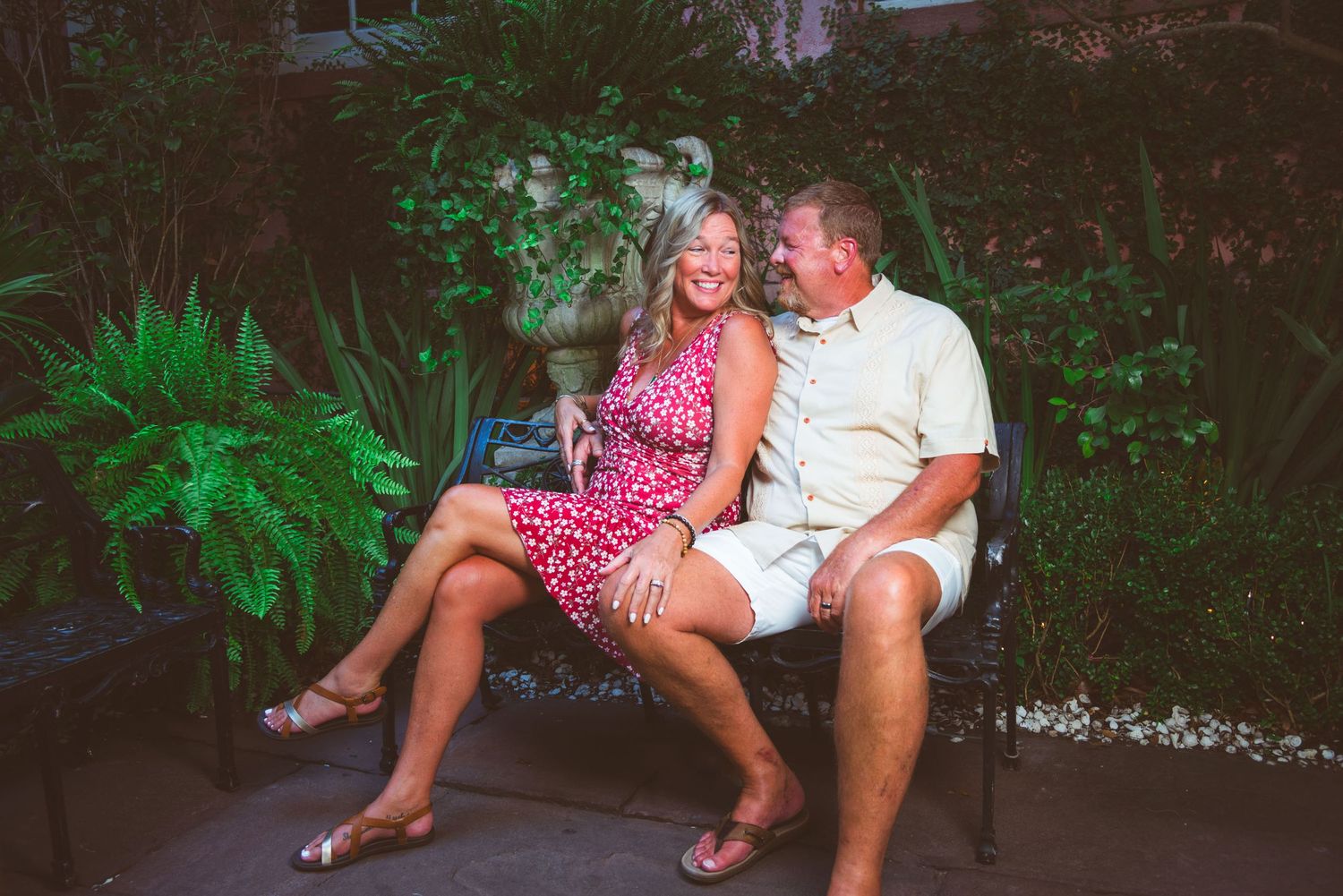 Romantic couples photography photo session walking tour at The Olde Pink House courtyard Savannah Georgia