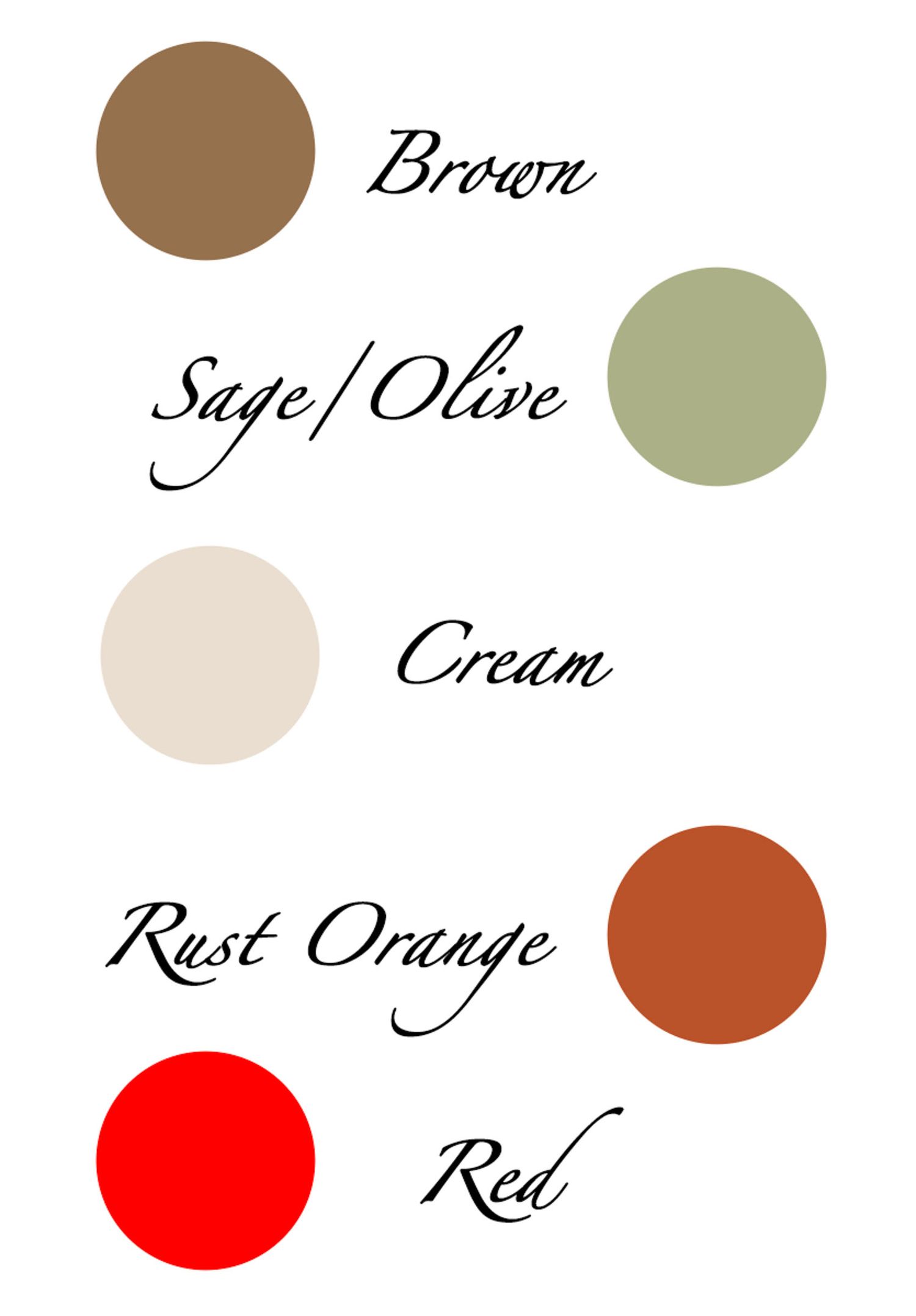 Color palette featuring brown, sage, cream, and rust orange swatches with elegant text labels.