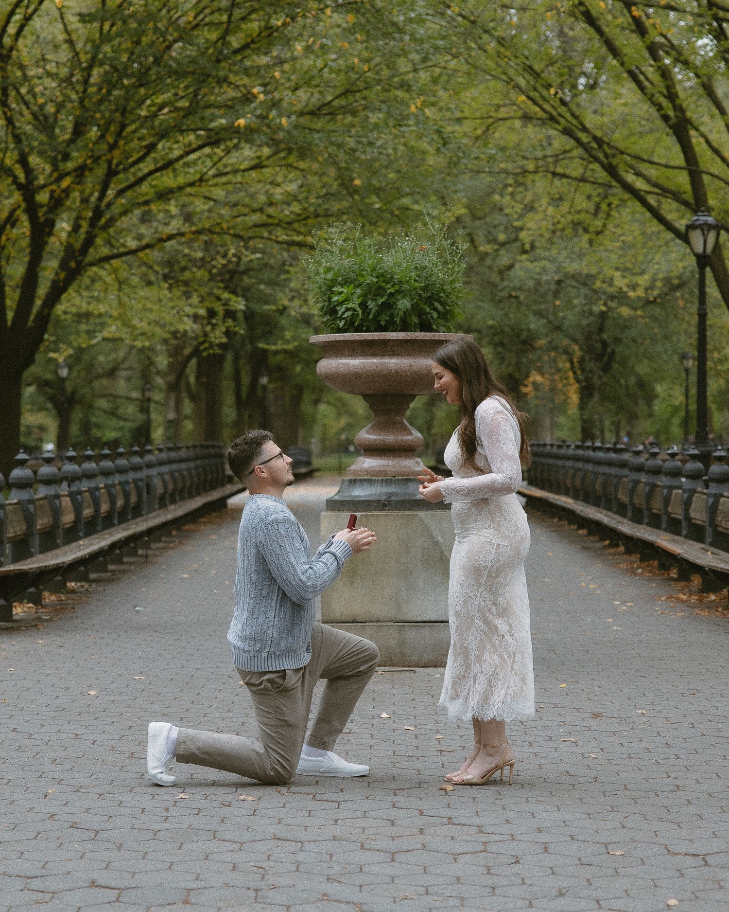 Man proposing on one knee to woman in lace dress on a tree-lined Central Park path.