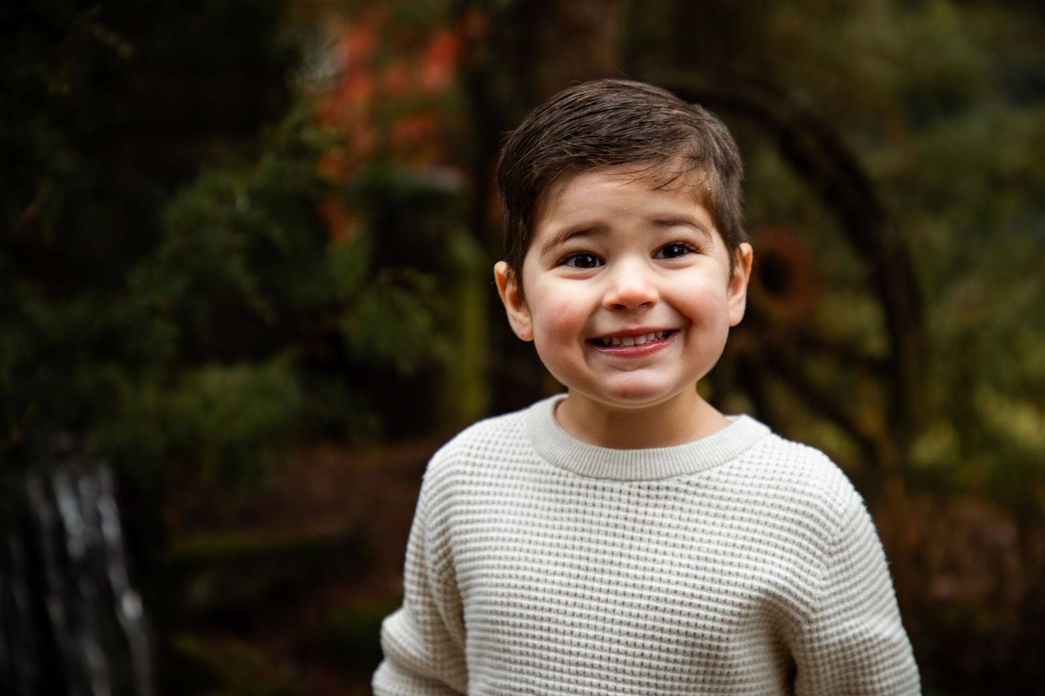 Child wearing a cream colored knit sweater during autumn outdoor portrait session.