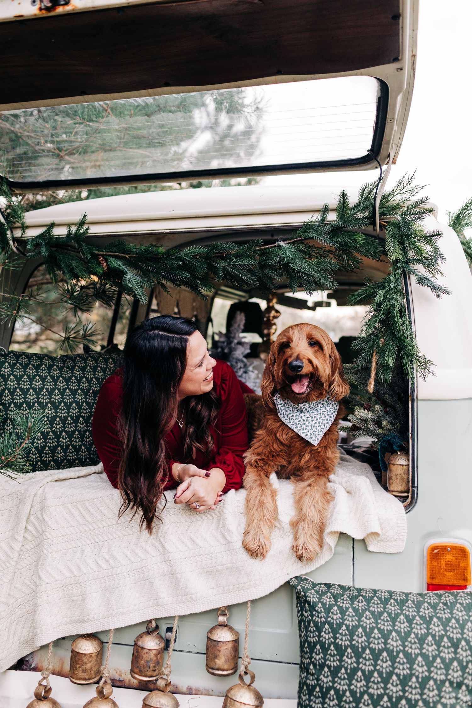 Cozy camper van scene with golden retriever dog and holiday decorations.