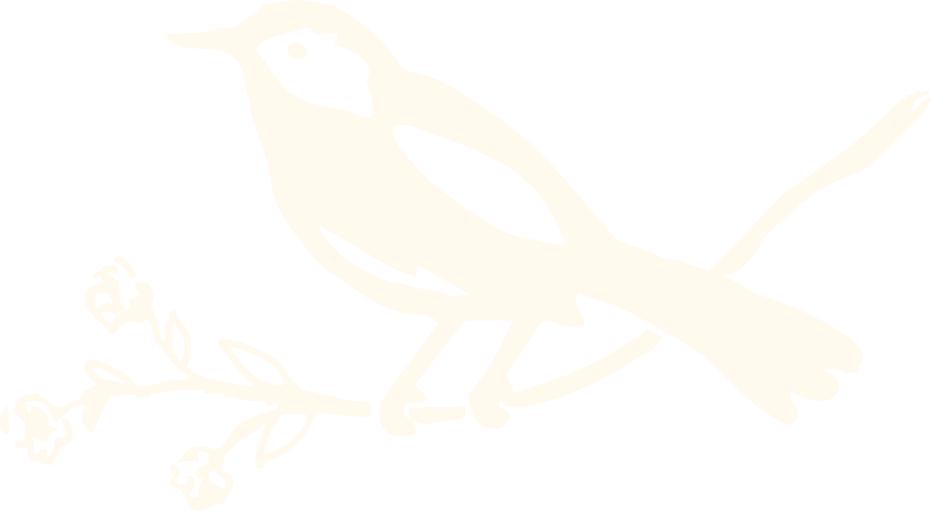 A delicate white silhouette of a small bird perched on a branch against a soft cream background.