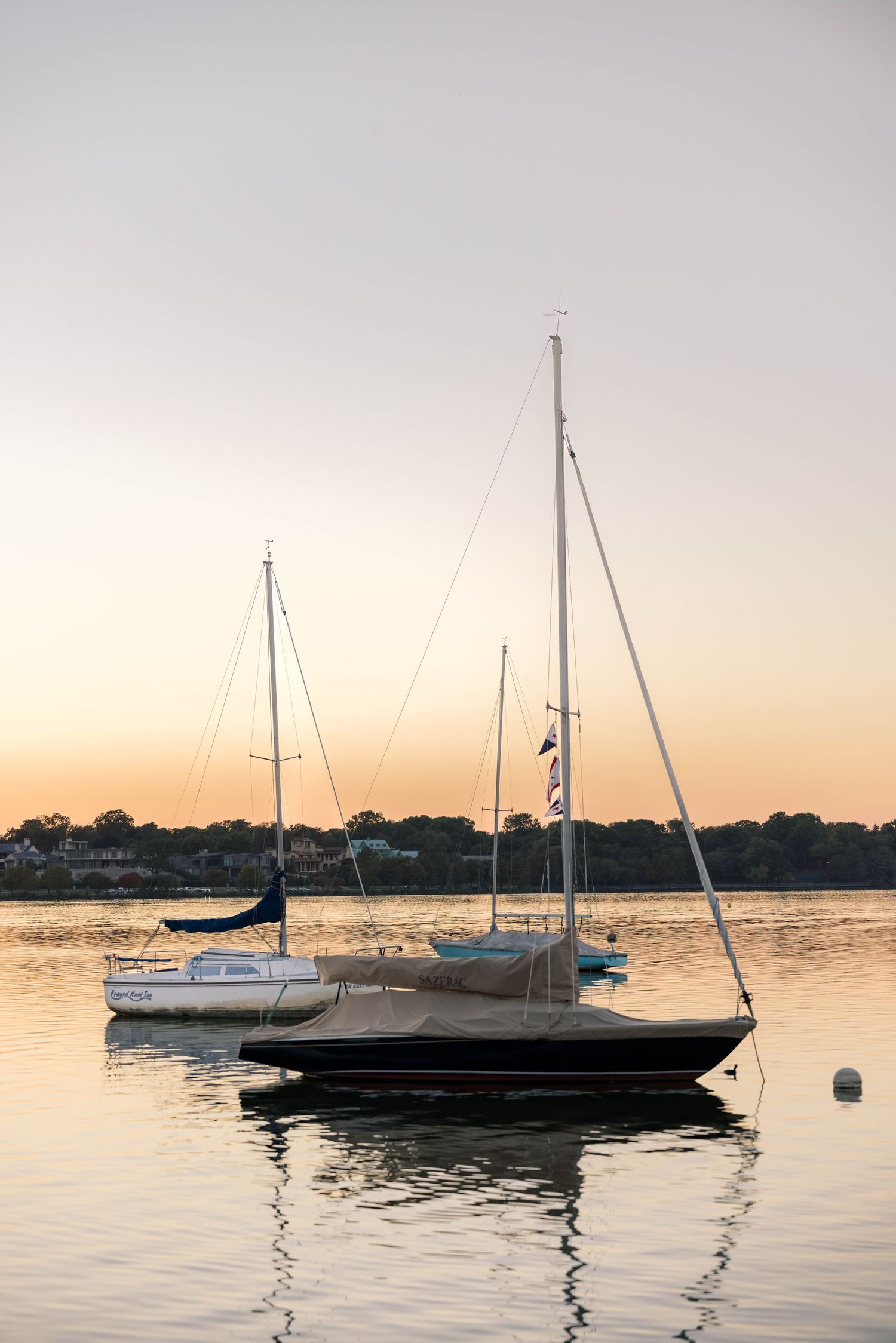 Two sailboats moored on calm reflective water at golden sunset with tree-lined shore in background.