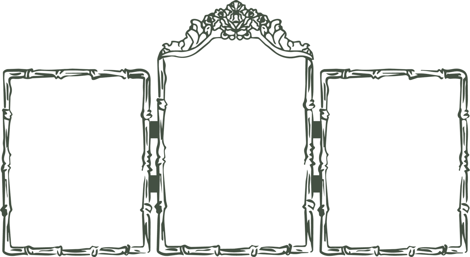 Elegant triptych mirror frame set with ornate Victorian-style decorative carvings in dark green outline illustration.