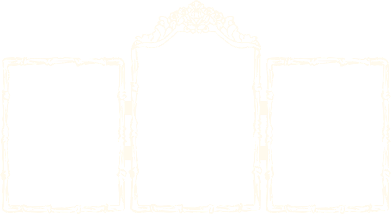 Elegant triptych frame with ornate arch design in gold outline, featuring three panels on white background.