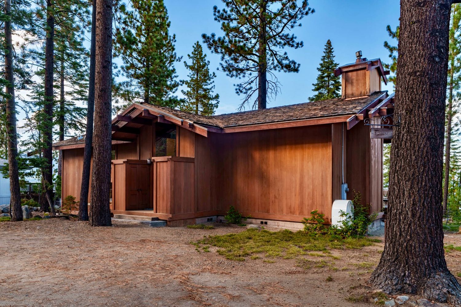 A panoramic view of rustic wooden cabins nestled among tall pine trees in a forest setting.