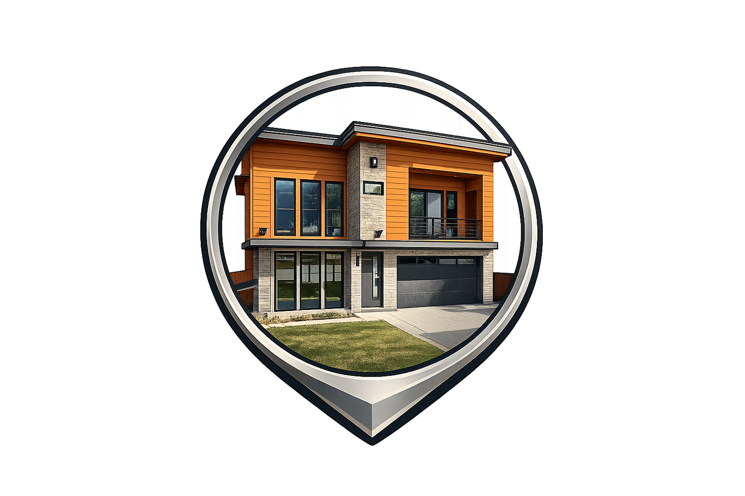 Modern two-story home with wood and stone exterior displayed in a location pin icon logo design.